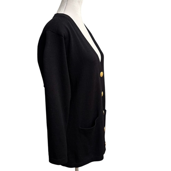 VTG Black Deep V Knit Slouchy Cardigan – Gold Embossed Buttons & Shoulder Pads - Picture 8 of 16